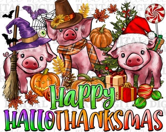 Hallothanksmas pigs png, Happy Halloween png, Thanksgiving png, Merry Christmas png,  cute pigs png, sublimate designs download