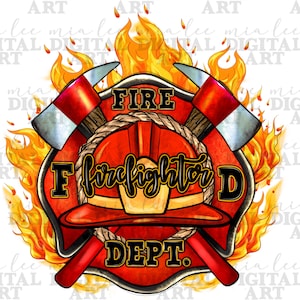 以下が含まれることがあります： 交差した斧のデザインが施された赤と黒の消防士のエンブレム。エンブレムには消防士のヘルメット、炎、そして「FIRE F firefighter D DEPT.」の文字が描かれています