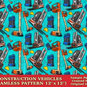 Construction vehicles seamless pattern digital paper, Construction digital seamless pattern png, printable scrapbook paper