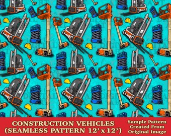 Construction vehicles seamless pattern digital paper, Construction digital seamless pattern png, printable scrapbook paper