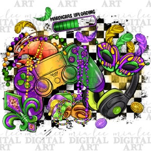 Könnte beinhalten: Eine digitale Illustration eines Videospiel-Controllers, Kopfhörern, Mardi Gras-Perlen, einem Königskuchen und einer lila, grünen und goldenen Maske. Der Text "MARDIGRAS UPLOADING" wird über einer Fortschrittsanzeige angezeigt.