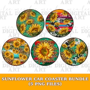 Sunflower car coaster bundle png sublimation design download, car coaster png, western patterns png, sublimate designs download