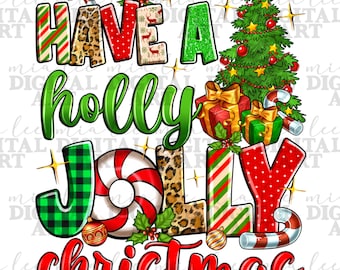 Puede incluir: Un saludo navideño colorido con el texto "Have a holly jolly Christmas". El texto está decorado con bastones de caramelo, acebo y regalos. Un árbol de Navidad está en el fondo.