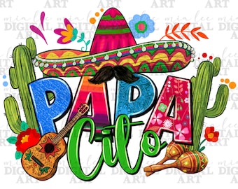 May include: A colorful illustration of the word "Papa" with a sombrero, guitar, maracas, and cacti. The word "Papa" is in a rainbow of colors with floral patterns. The sombrero is red and pink with yellow trim. The guitar is brown and yellow with a floral pattern. The maracas are brown and yellow with a floral pattern. The cacti are green with brown spines.