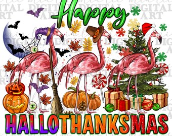 Happy Hallothanksmas flamingo png sublimation design download, Halloween png, Thanksgiving png, Christmas png, flamingo png,designs download