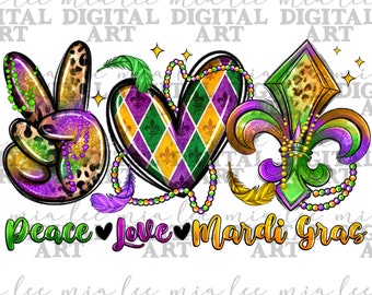 Peace love Mardi Gras png sublimation design download, Happy Mardi Gras png, Mardi Gras Carnaval png, sublimate designs download