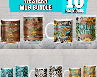 Western mug bundle V1 png sublimation design download, 11 oz and 15 oz mug png, western patterns png, sublimate designs download