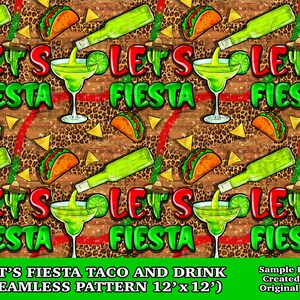 May include: A seamless pattern featuring a green, yellow, and red "Let's Fiesta" text, a margarita glass with a lime wedge, a taco, and a green bottle pouring into the glass. The background is a brown and tan leopard print.