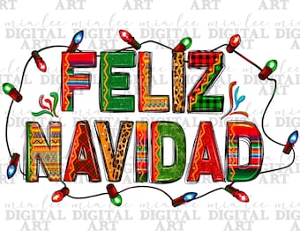 May include: A colorful illustration of the phrase "Feliz Navidad" with a string of Christmas lights. The letters are decorated with various patterns, including plaid, stripes, and animal print.
