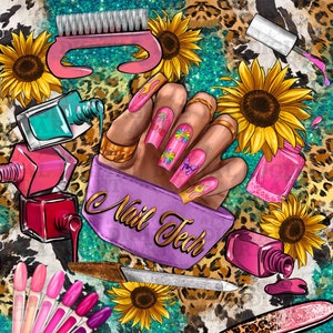 May include: A purple nail tech pouch with gold lettering, surrounded by nail polish bottles, nail files, and sunflowers on a leopard print and turquoise glitter background.