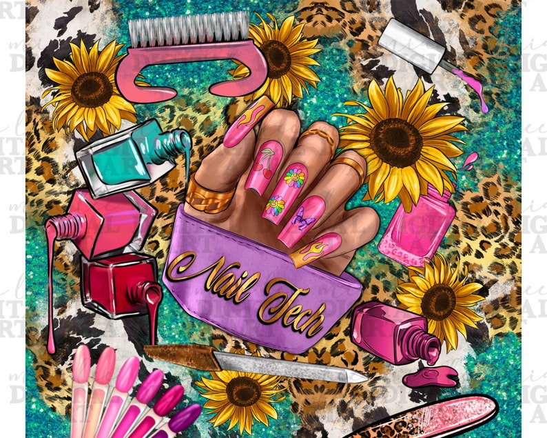 May include: A purple nail tech pouch with gold lettering, surrounded by nail polish bottles, nail files, and sunflowers on a leopard print and turquoise glitter background.