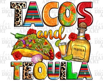 May include: A colorful illustration of a taco and a bottle of tequila with the text "Tacos and Tequila". The illustration is in a cartoon style and features bright colors and bold lettering.