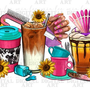 May include: Digital art featuring a nail salon theme. Includes a coffee cup with a cow print sleeve, a nail brush, a hand with long, decorated nails, nail polish, and coffee drinks. Sunflowers and cups are also present.