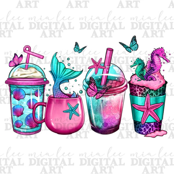 Mermaid underwater coffee cups png sublimation design download, mermaid tail png, sea creatures png, sublimate designs download