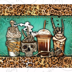 May include: Four coffee cups with whipped cream and skeletons holding them. The cups are on a teal background with a leopard print border.