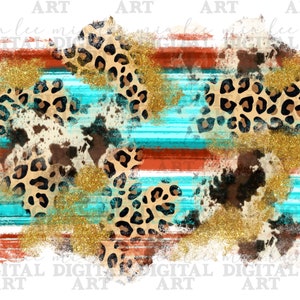 May include: Abstract digital art print featuring a leopard print pattern with brown and gold accents on a turquoise and orange striped background.