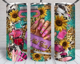 Nail Tech 20 oz skinny tumbler png, tumbler wrap png, western 20 oz tumbler designs, Nail boss png, sunflowers tumbler png download