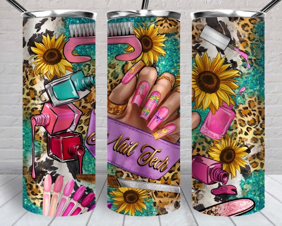 Nail Tech 20 oz skinny tumbler png, tumbler wrap png, western 20 oz tumbler designs, Nail boss png, sunflowers tumbler png download