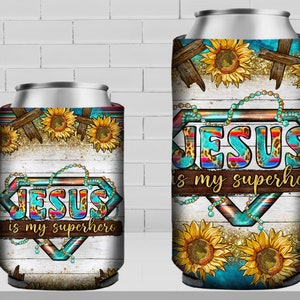 Jesus is my superhero 12 oz slim and regular soft can cooler png, can cooler wrap png, Christian can cooler png, sublimate designs download