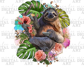 Floral sloth png sublimation design download, hand drawn sloth png, cute sloth png, tropical leaves png, sublimate designs download