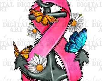 Könnte beinhalten: Ein rosa Band, das um einen schwarzen Anker gebunden ist, mit einem Schmetterling auf jeder Seite. Das Band ist zu einer Schleife gebunden und hat einen weißen Hintergrund.