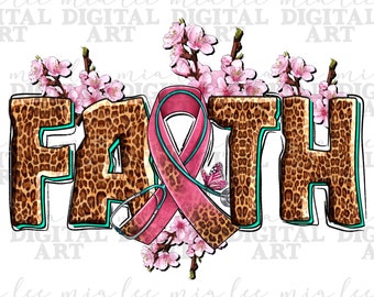 Könnte beinhalten: Das Wort "FAITH" ist in Leopardenmuster mit einem rosa Band, einem Stethoskop und einem Schmetterling geschrieben. Rosa Kirschblüten befinden sich auf beiden Seiten des Wortes.