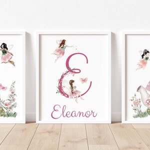 Flower Fairy Name Initial Set, Set of 3 Watercolor Fairies Prints for Children's Room or Nursery
