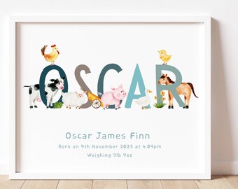 Farm Animals Custom Name with Personalization and adorable Watercolor Farmyard Scene