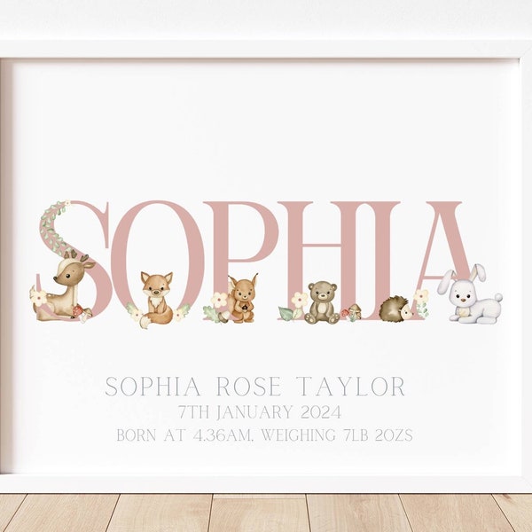Children’s Woodland Animals Name Print with Birth Details - Personalized Baby Gift - Children's Bedroom Sign