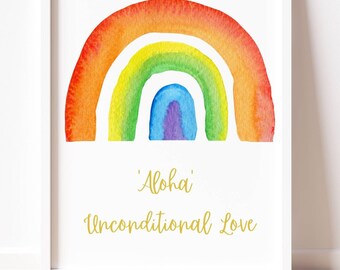 Aloha Wall Art,  Hawaii Rainbow Print with Watercolor Detail.  Made in Hawaii, Hawaii Prayer