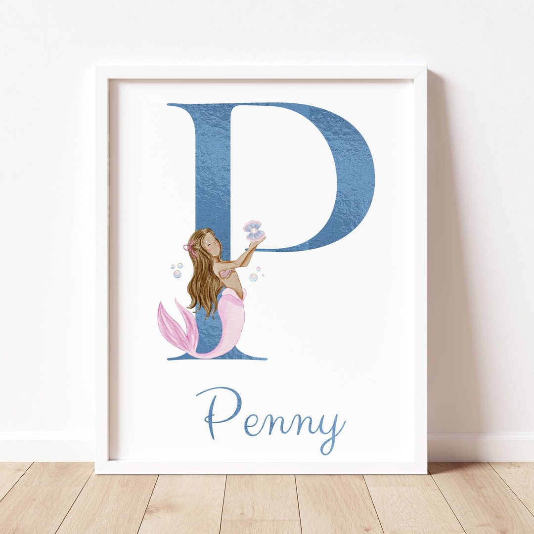 Mermaid Name Print in Metallic Blue With Watercolor Mermaids &amp; Sea ...