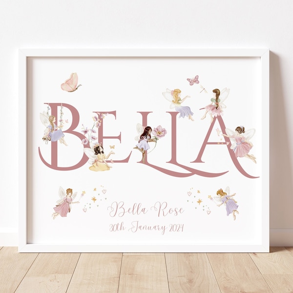 Fairy Name Custom Print with Birth Details, Watercolor Nursery Decor with delicate hand placed flower fairy imagery Printable