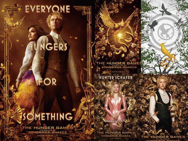 The Hunger Games: Ballad of Songbirds and Snakes poster featuring various characters from the book and movie. The poster is heavily decorated with images of Lucy Gray, Coriolanus Snow, and other characters. It has a golden filigree surrounding all of the characters.
