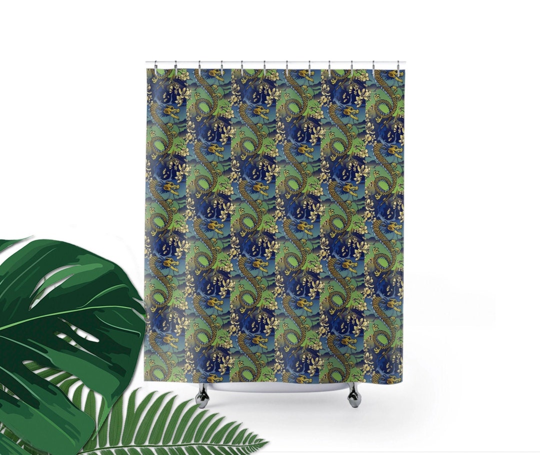 Chinese Dragon Shower Curtain With Blue, Green, Gold Enchanted Flora and Fauna Plant Art Cool