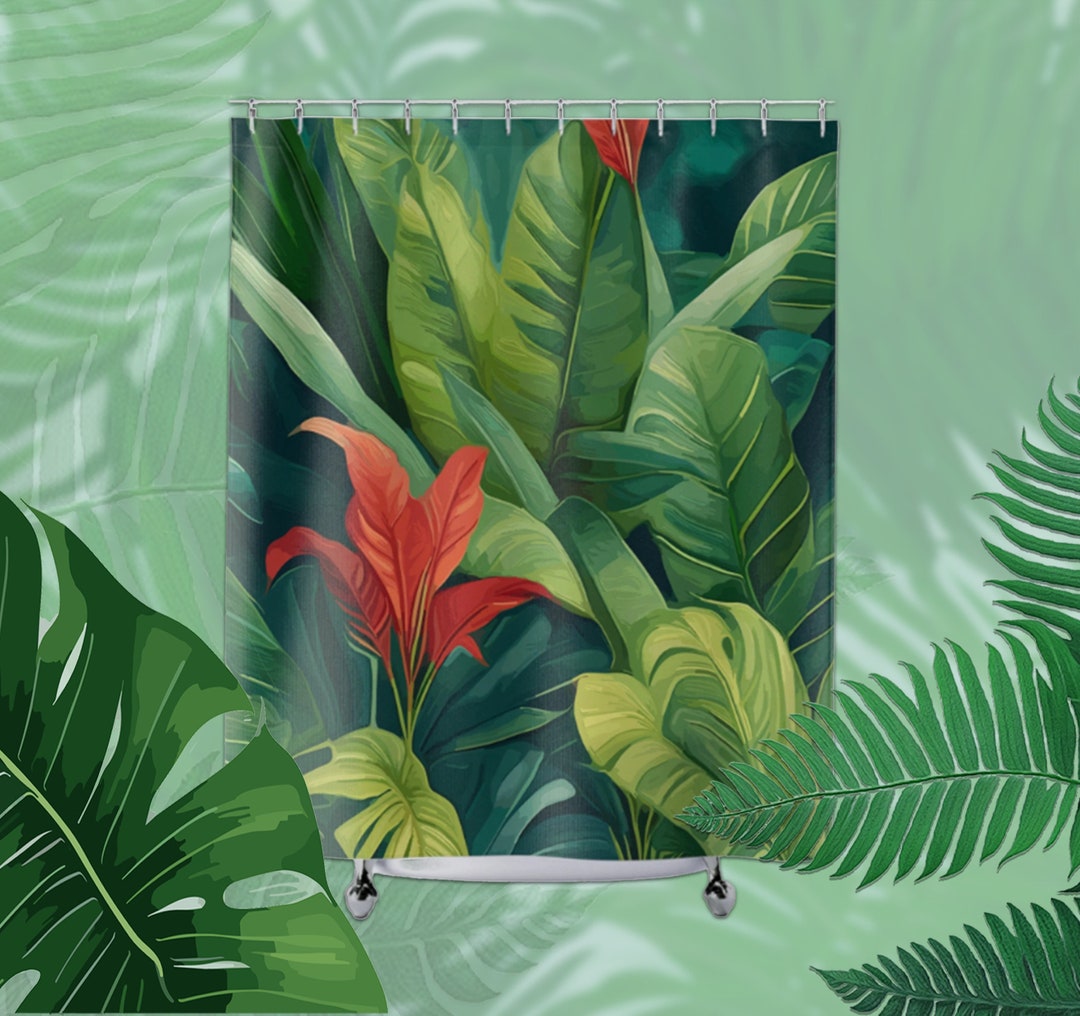 Green Tropical Fabric Shower Curtain Beautiful Tropical Green Etsy