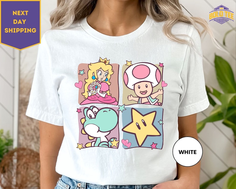 a woman wearing a white tshirt with mario and friends on it