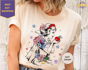 Disney Snow White Princess Sketch Retro Shirt, Snow White & the Seven Dwarfs Floral Tee, Magic Kingdom Family Holiday