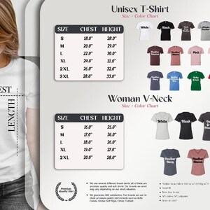 The image is a collage of various t-shirt designs and sizes, including a woman wearing a white t-shirt and a woman wearing a black t-shirt. The collage provides a size and color chart for different t-shirt styles, such as a white t-shirt, a black t-shirt, and a woman's v-neck t-shirt. The collage also includes a section for a "Unisex T-Shirt" and a "Women V-Neck" with their respective size and color charts.