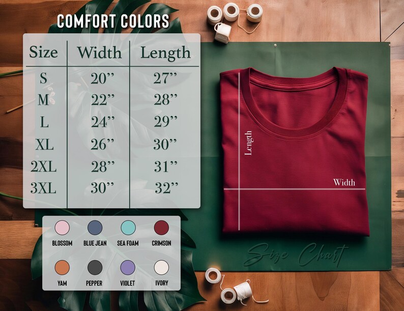 a size chart for a red t-shirt, along with a red t-shirt and a color swatch for selecting the color of the t-shirt.