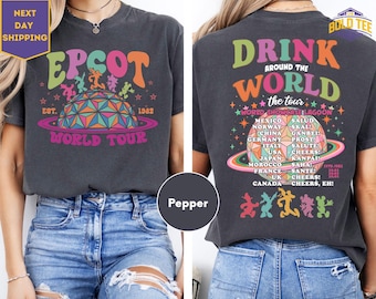 Camiseta retro Epcot World Tour de doble cara, Camiseta Drink Around the World, Camisetas Epcot Disney World, Camiseta Epcot Drink Around the World