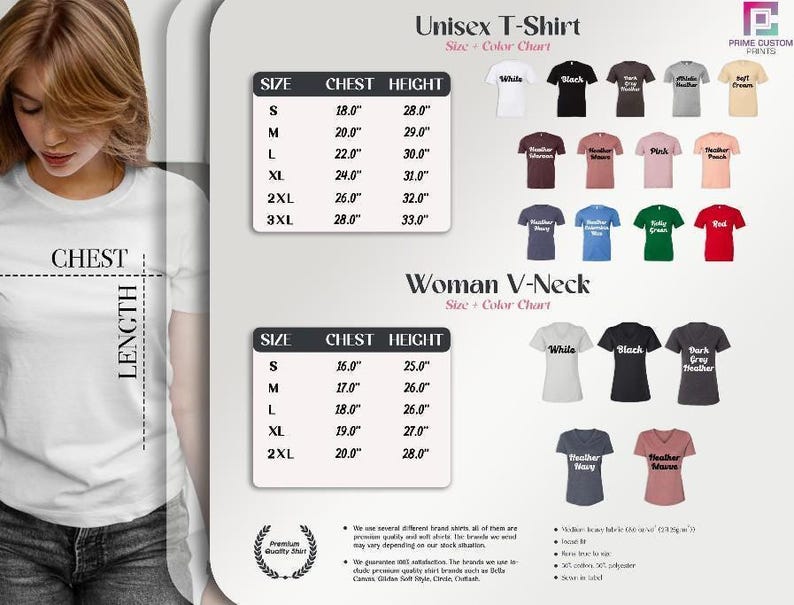 The image is a collage of various t-shirt designs and sizes, including a woman wearing a white t-shirt and a woman wearing a black t-shirt. The collage provides a size and color chart for different t-shirt styles, such as a white t-shirt, a black t-shirt, and a woman's v-neck t-shirt. The collage also includes a section for a "Unisex T-Shirt" and a "Women V-Neck" with their respective size and color charts.