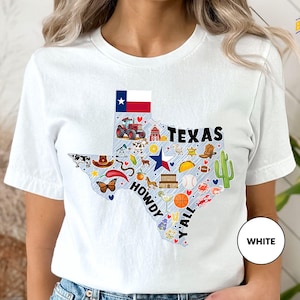 a woman wearing a texas t - shirt with the word texas printed on it