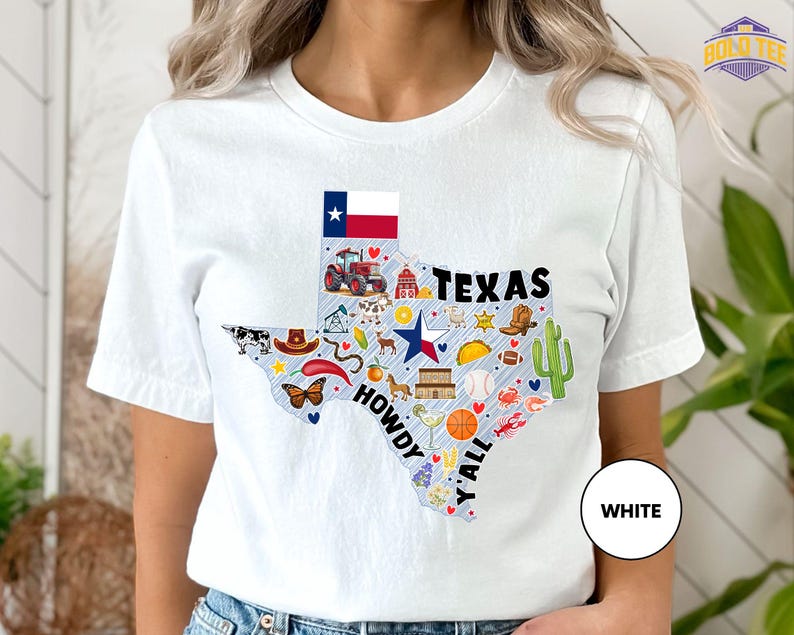 a woman wearing a texas t - shirt with the word texas printed on it
