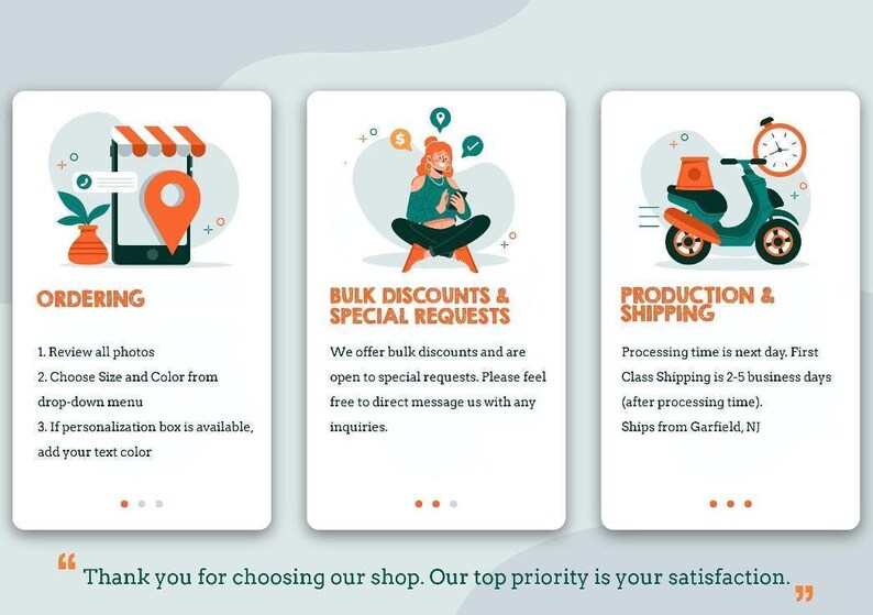 The image is a collage of three different sections, each depicting a different aspect of an online shopping experience. The sections include an ordering process, bulk discounts and special requests, and production and shipping.