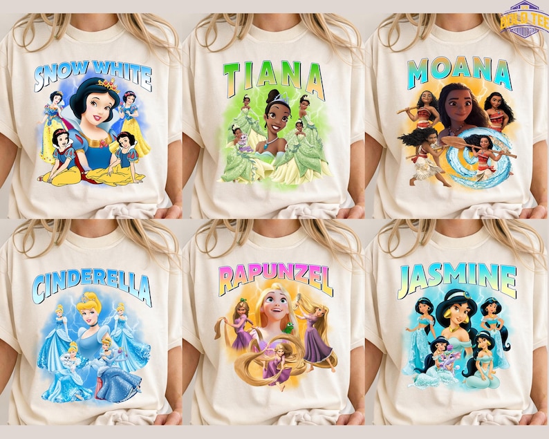 Camiseta de princesas Disney con colores cómodos, Tiana, Ariel, Elsa, Rapunzel, Bella y Jasmine, Disney imagen 1
