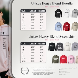 The image is a collage of various images, including a woman wearing a pink hoodie, a black and white sport sweatshirt, and a red and white sweatshirt. The collage also includes a chart with different sizes and colors of heavy blend hoodies and a chart with different sizes and colors of unisex heavy blend sweatshirts.