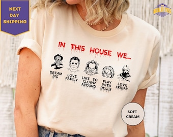 In diesem Haus T-Shirt, Horrorfilm-T-Shirt, Halloween-T-Shirt mit Horrorfilmfiguren, Halloween-T-Shirt mit Serienkiller-Motiv
