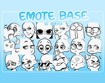 May include: A set of 18 black and white cartoon emote bases, featuring various facial expressions. The text "EMOTE BASE BY BEEHOX" is at the top of the image.