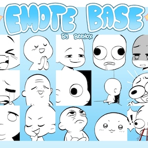 Puede incluir: Un fondo azul con las palabras "EMOTE BASE" en una fuente de burbujas. La imagen presenta una colección de caras de dibujos animados con varias expresiones, incluyendo risas, oraciones y llanto. El nombre del artista, "BeeHox", también es visible.