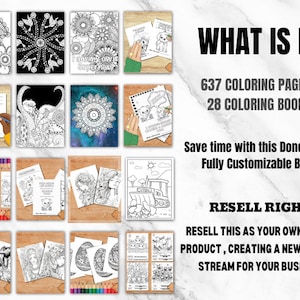 May include: A collection of 28 coloring books with 637 coloring pages. The books feature a variety of designs, including animals, flowers, mandalas, and more. The text "WHAT IS IT" is at the top of the image, and the text "RESELL RIGHTS" is at the bottom of the image.